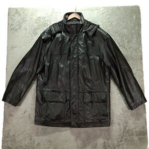 Colebrook Leather Coat Men L Black Full Zip Pockets Insulated Removable Hood